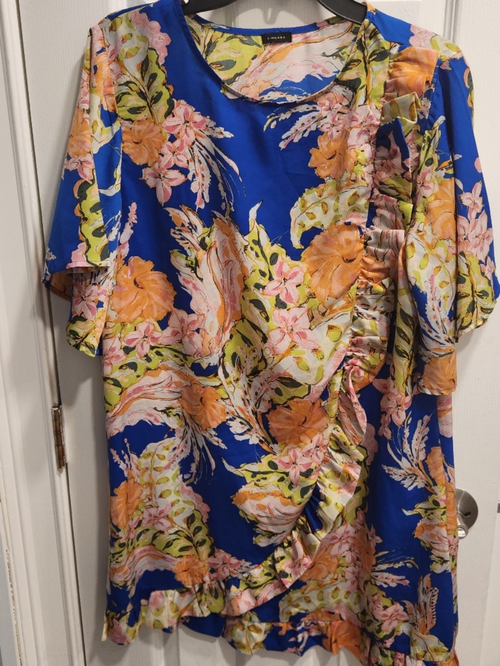 Zingara Blue Floral Dress / Cover Up Sz Med Asymmetric Front Ruffle Bell Sleeves